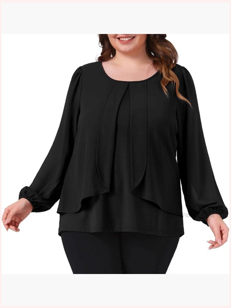 Plus Size Chiffon Top - Round Neck Long Sleeve Blouse Dressy Work Shirt